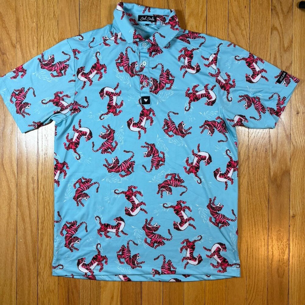 Bad Birdie Polo Shirt Mens Small Blue Tiger All Over Print Golf Performance - Picture 2 of 16